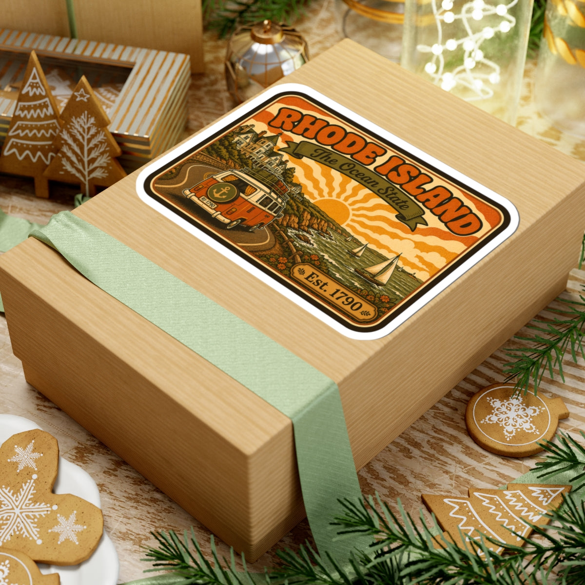 Rhode Island sticker on gift box lid, Ocean State banner, Est. 1790, camper van