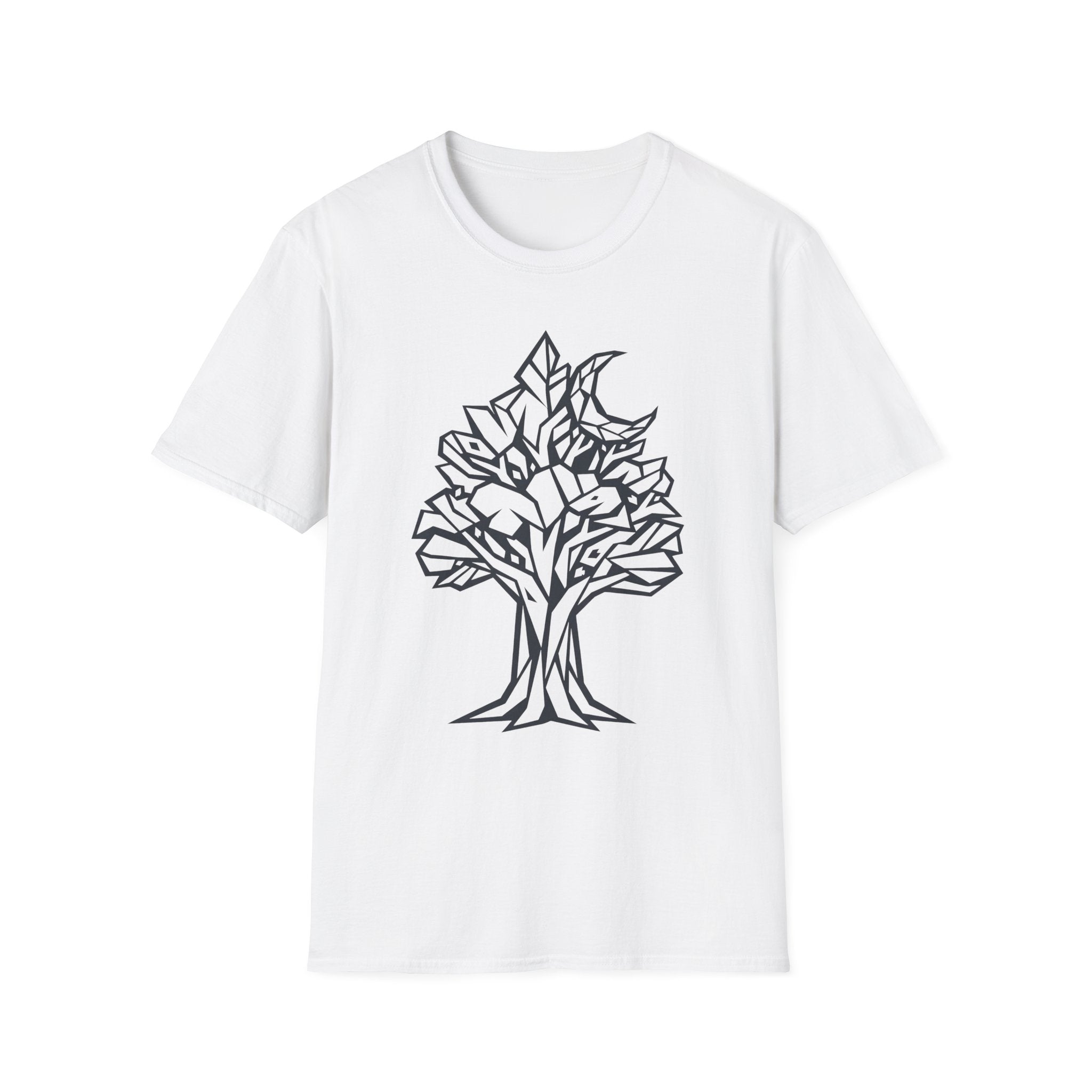 White T-shirt with geometric tree moon botanical line art graphic on chest