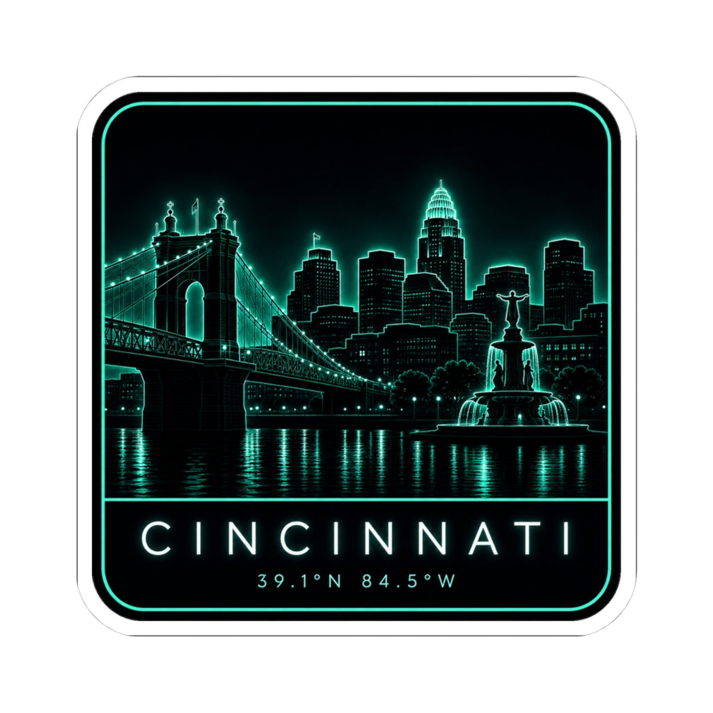 Rounded-square neon skyline vinyl sticker with CINCINNATI text and 39.1'N 84.5'W