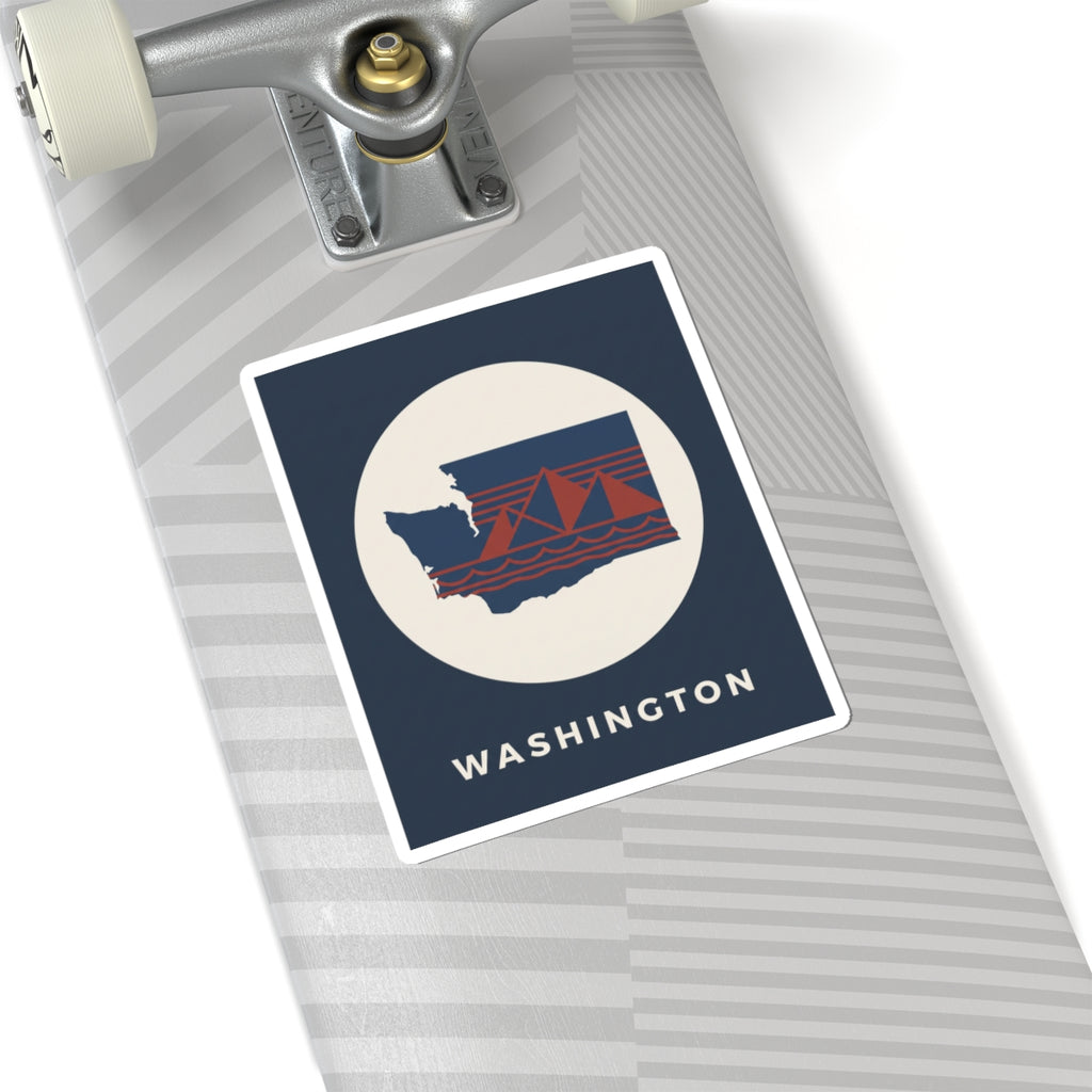 Washington graphic sticker, navy square with cream circle, state map and red bridge, WASHINGTON