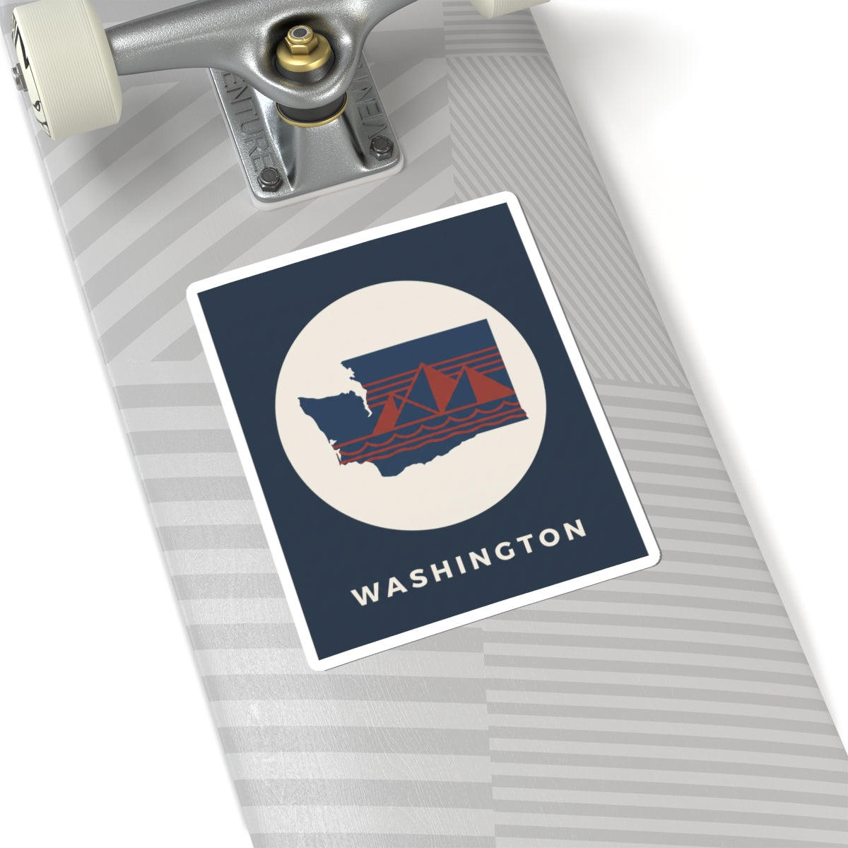 Washington graphic sticker, navy square with cream circle, state map and red bridge, WASHINGTON
