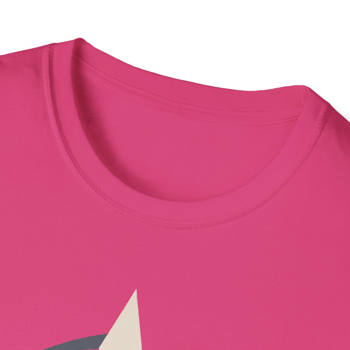 Close-up of bright pink crew-neck T-shirt neckline with ribbed collar