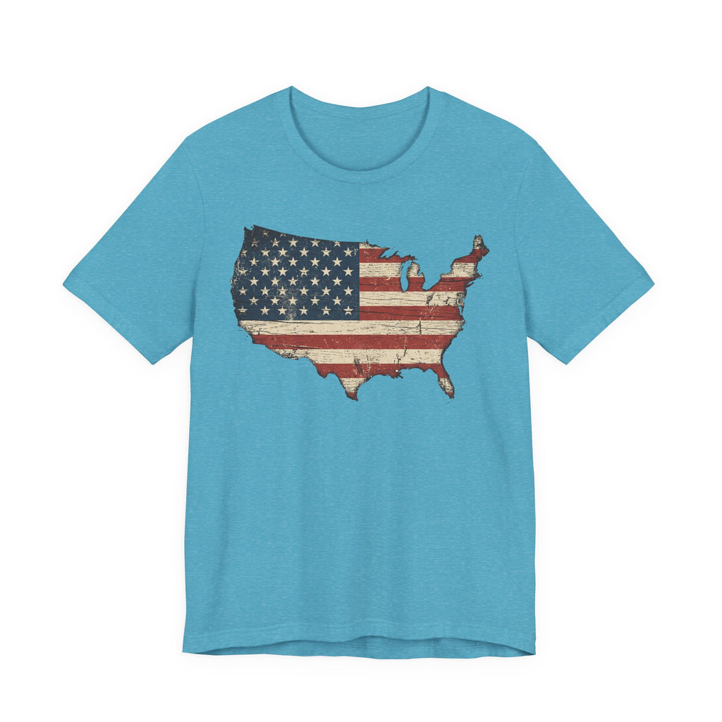 Aqua crewneck T-shirt with distressed American flag map graphic