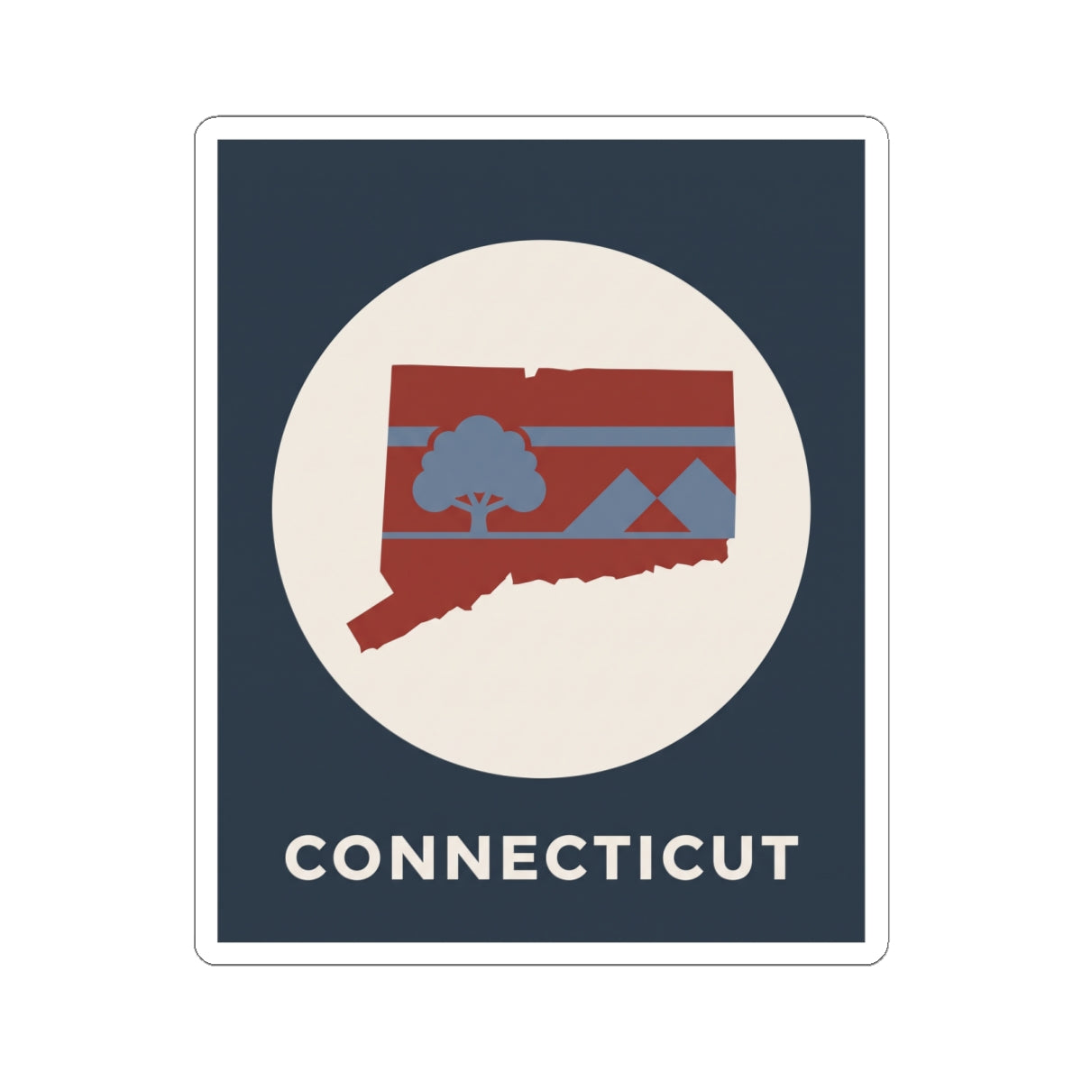 Connecticut state map sticker with white border, circular icon, and 'CONNECTICUT'