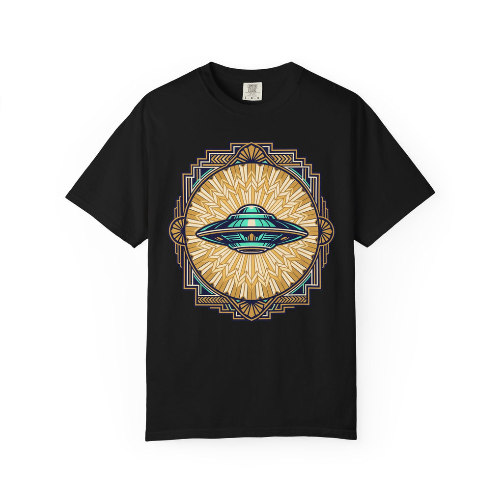 Black t-shirt with retro flying saucer sunburst graphic