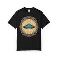 Black t-shirt with retro flying saucer sunburst graphic