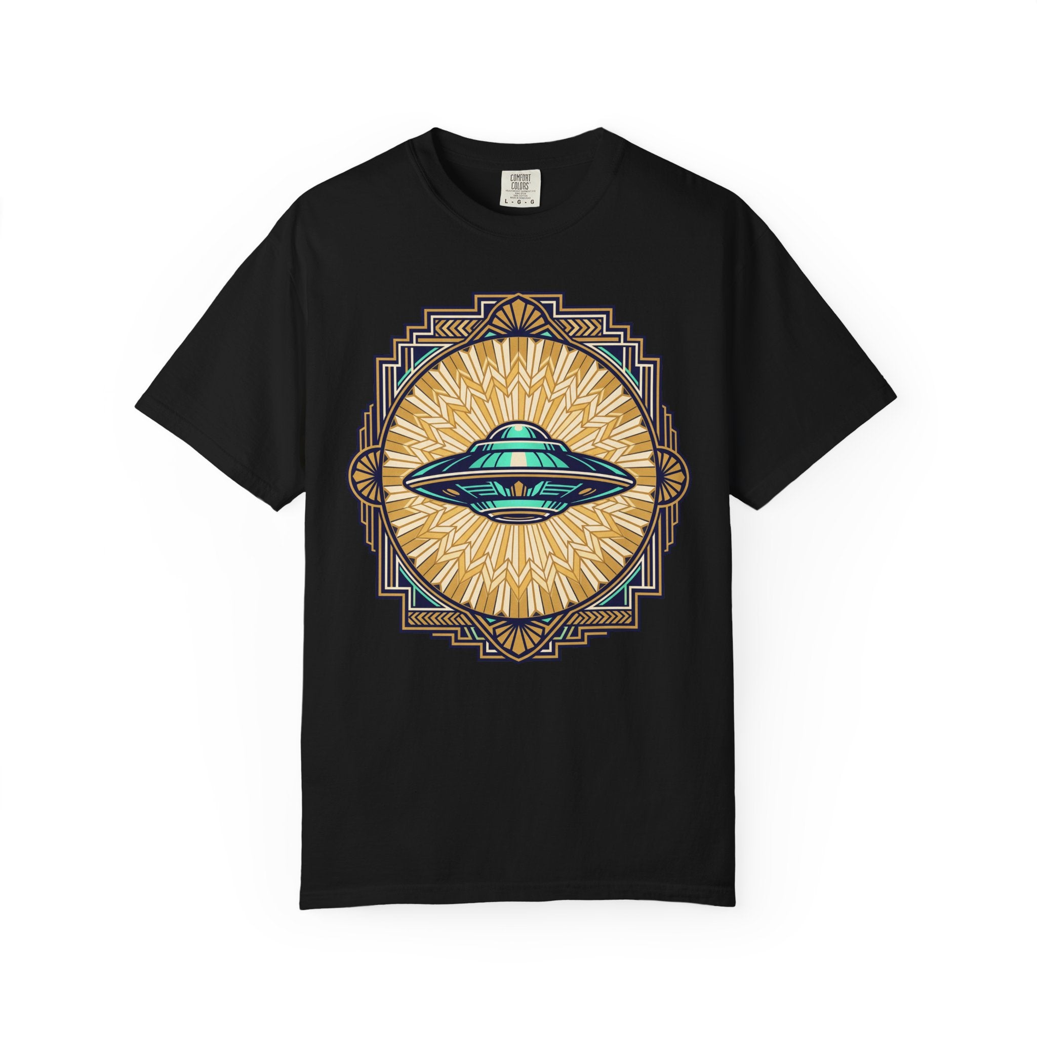 Black t-shirt with retro flying saucer sunburst graphic