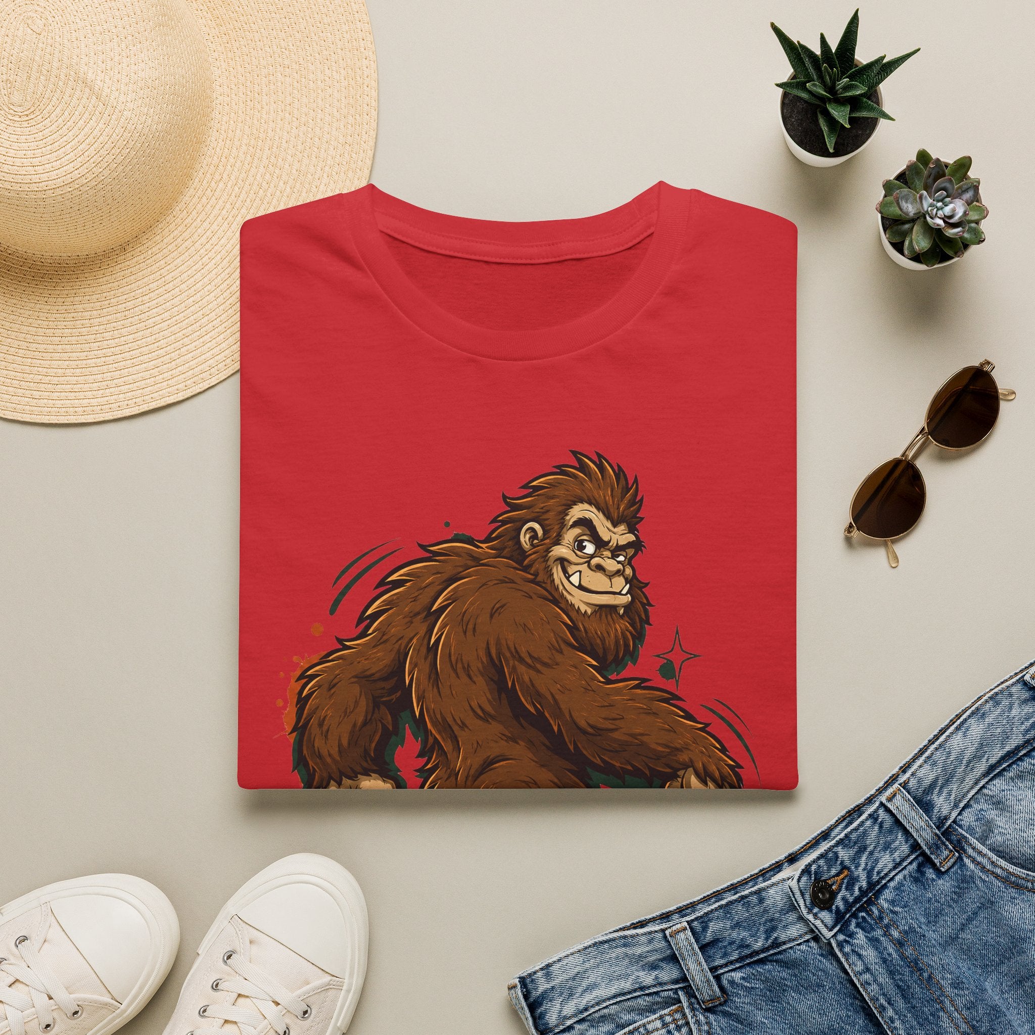 Red crewneck t-shirt with brown smirking bigfoot cartoon graphic on the front