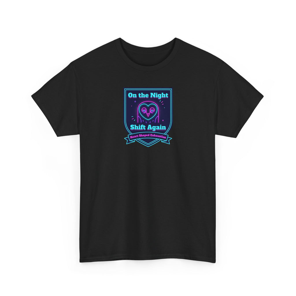 Black crew-neck T-shirt with short sleeves, front graphic print