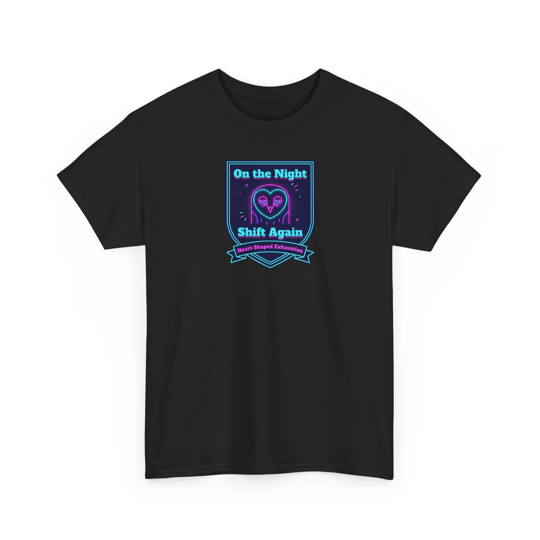 Black crew-neck T-shirt with short sleeves, front graphic print