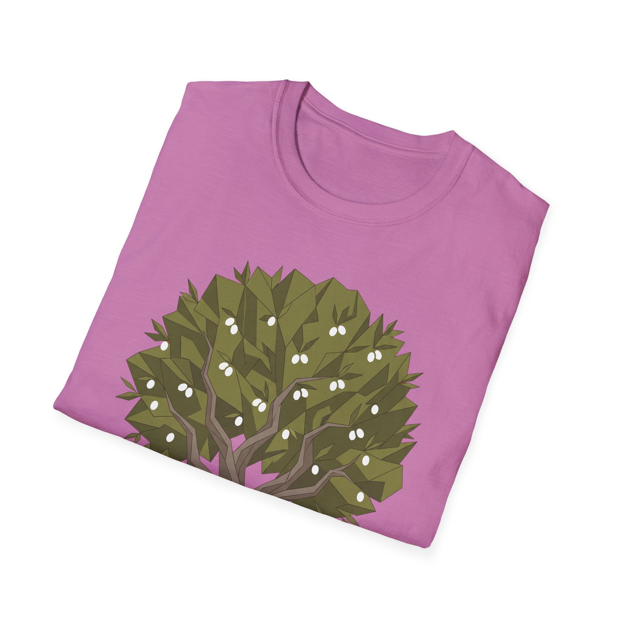 Twisted olive tree T-shirt, magenta/pink, full front olive graphic design