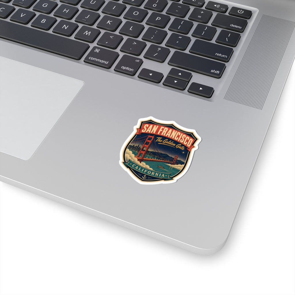 Mid-century luggage tag sticker with San Francisco badge and bridge graphic