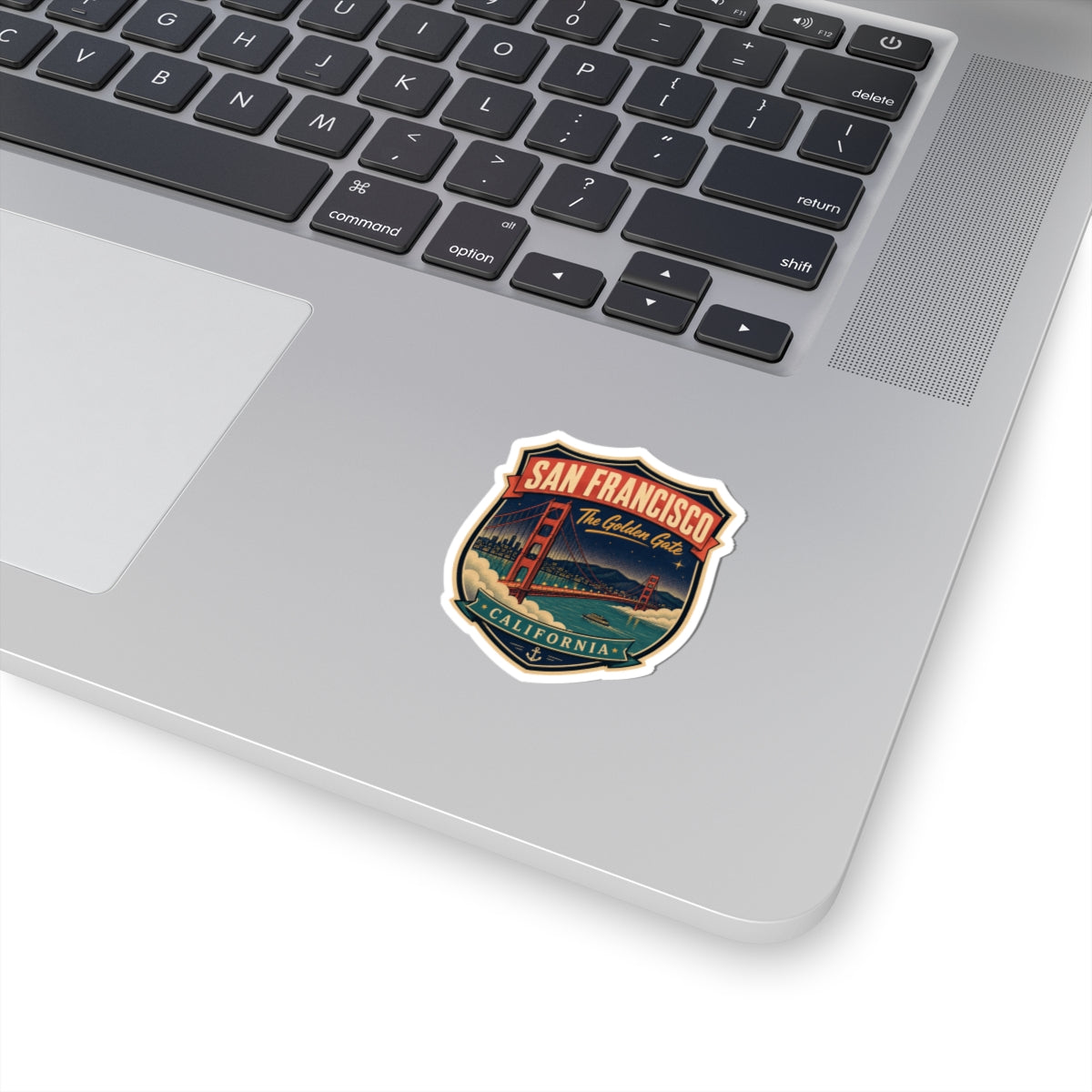 Mid-century luggage tag sticker with San Francisco badge and bridge graphic