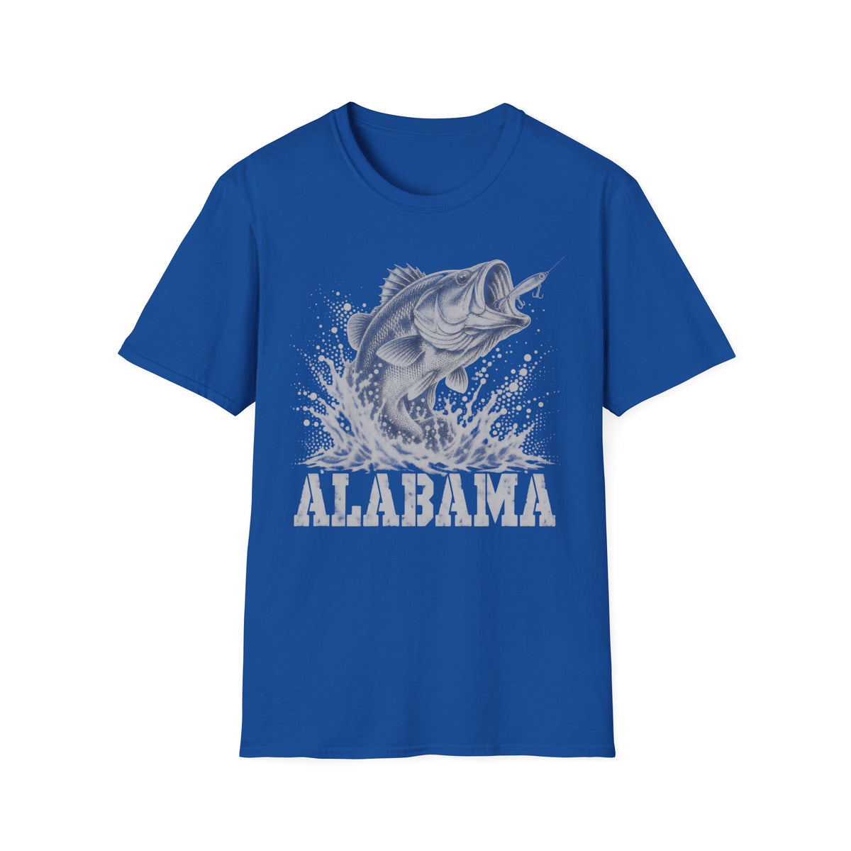 Royal blue fishing t-shirt with largemouth bass splash and 'ALABAMA' graphic