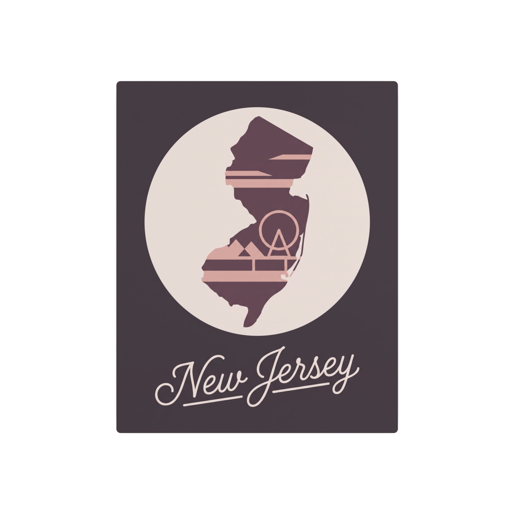 Square metal wall plaque with circular New Jersey outline and “New Jersey” lettering