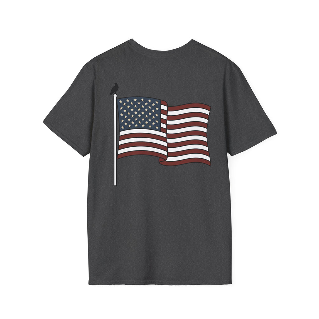 Dark gray crewneck T-shirt with waving American flag graphic on front