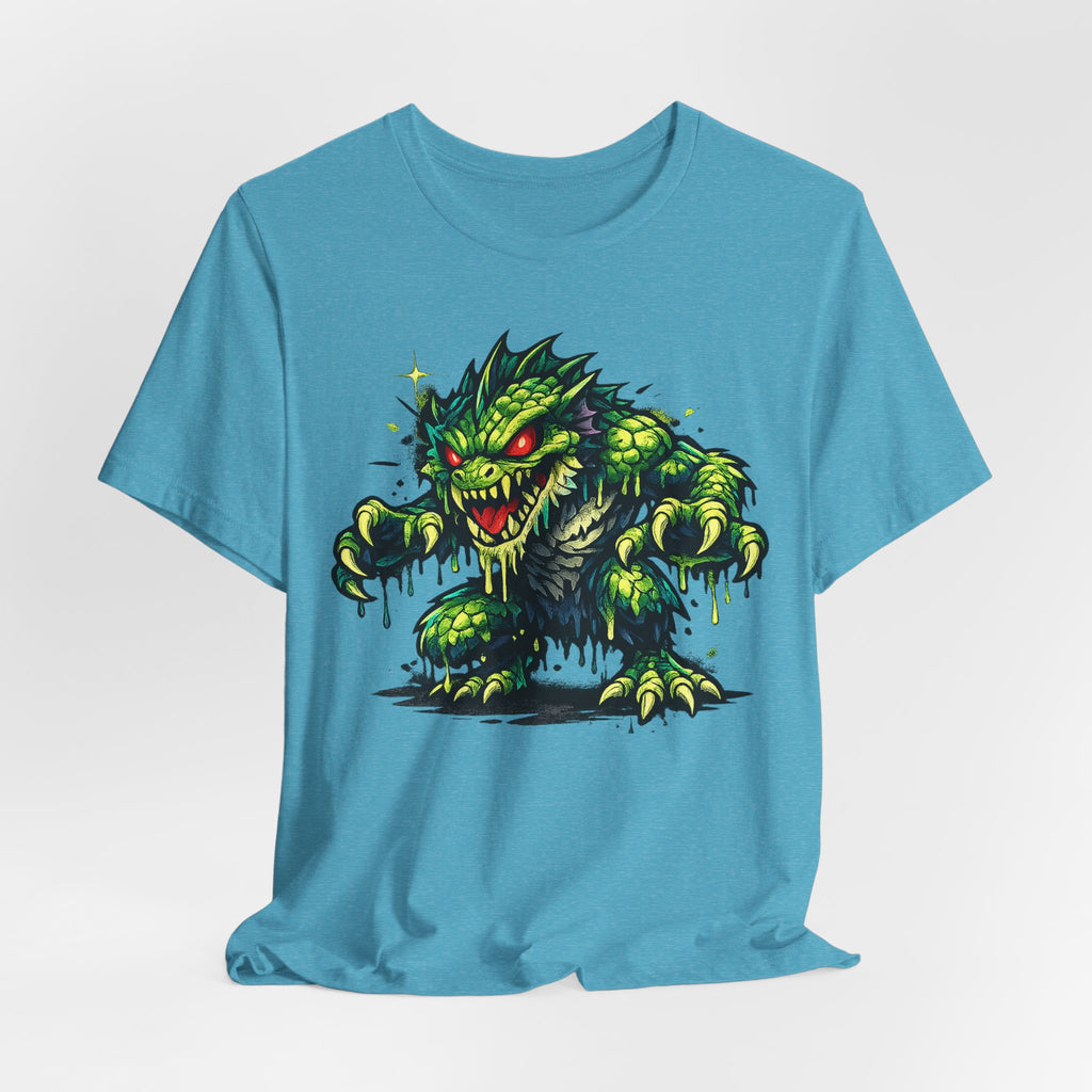 Light blue short-sleeve crewneck T-shirt with centered green monster illustration