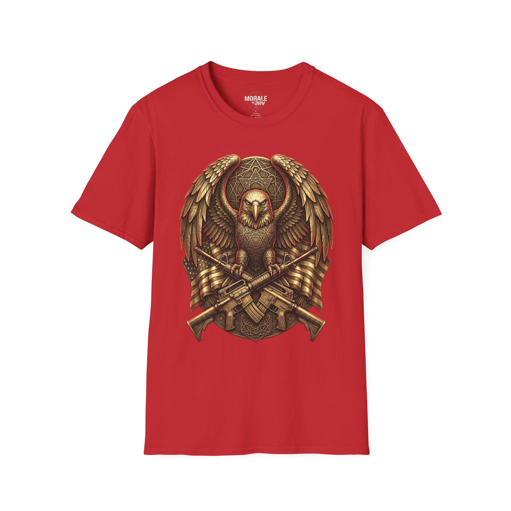 Red T-shirt with warrior owl shield emblem and crossed axes graphic