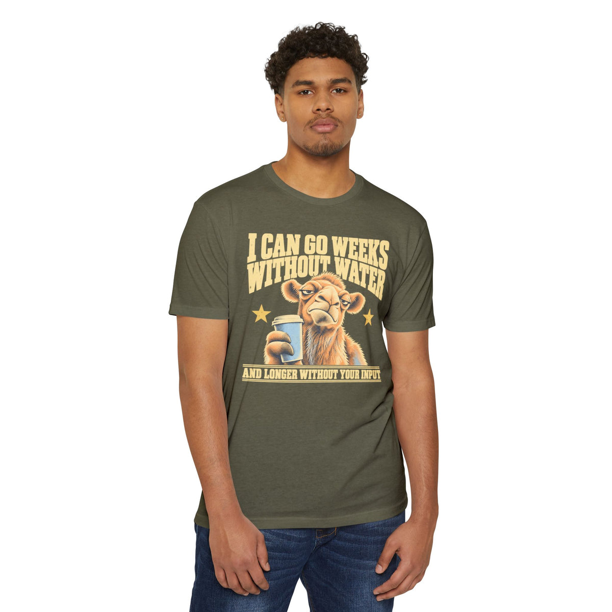 Olive unisex T-shirt on model with front camel coffee graphic and humorous text