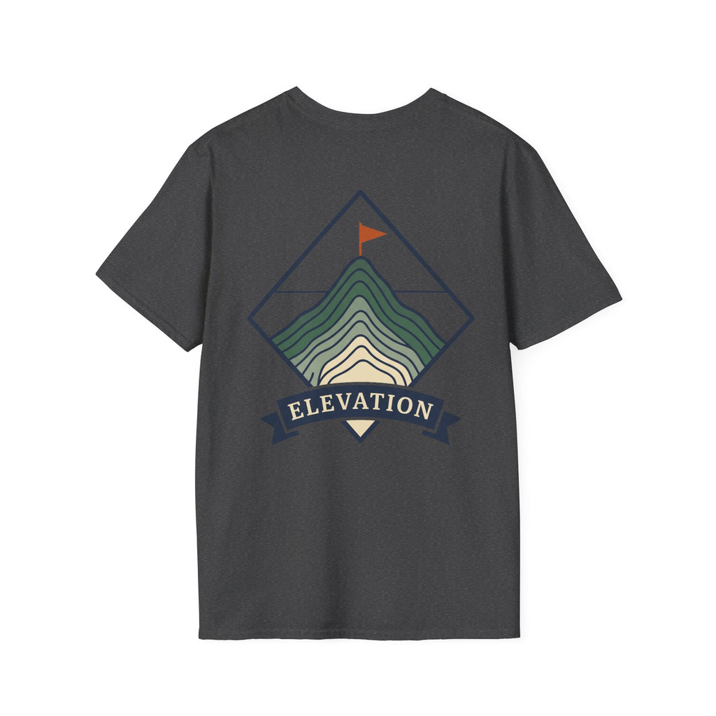 Dark heather unisex T-shirt with mountain elevation badge graphic and striped peak lines
