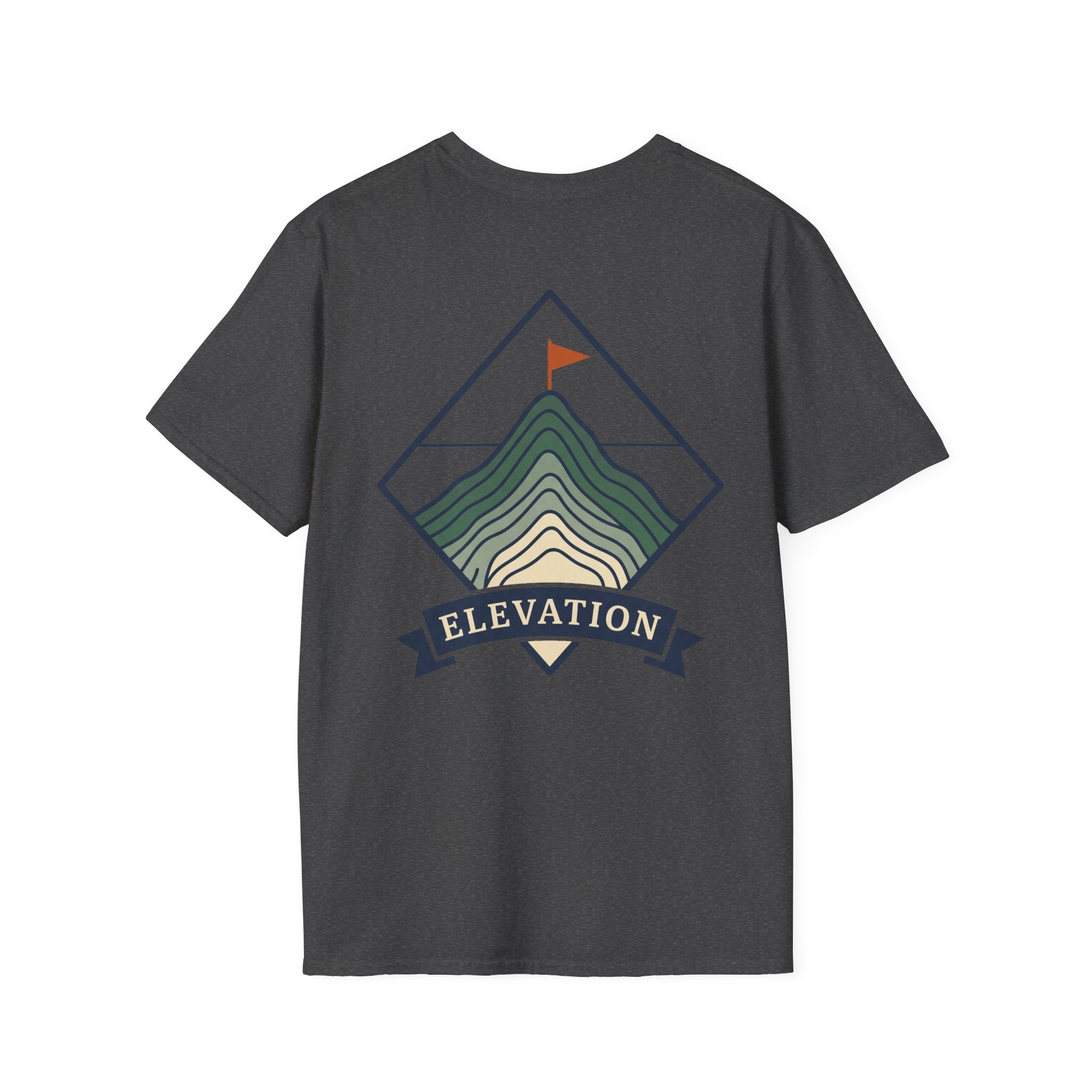 Dark heather unisex T-shirt with mountain elevation badge graphic and striped peak lines
