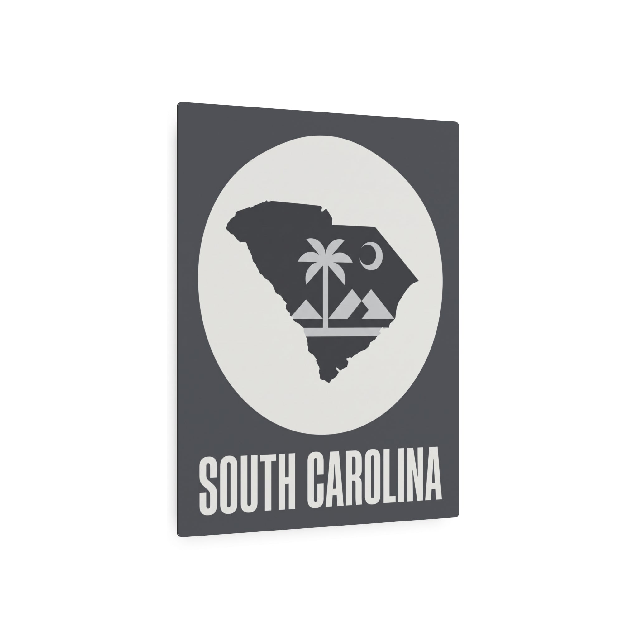 South Carolina metal wall sign: dark gray rectangle with white circular state map and “SOUTH CAROLINA”