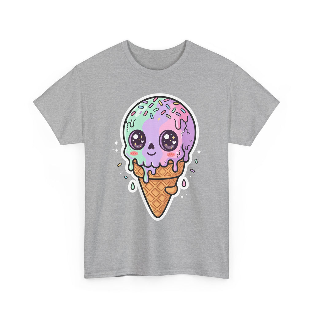 Light grey t-shirt with kawaii melting ice cream cone face graphic, front