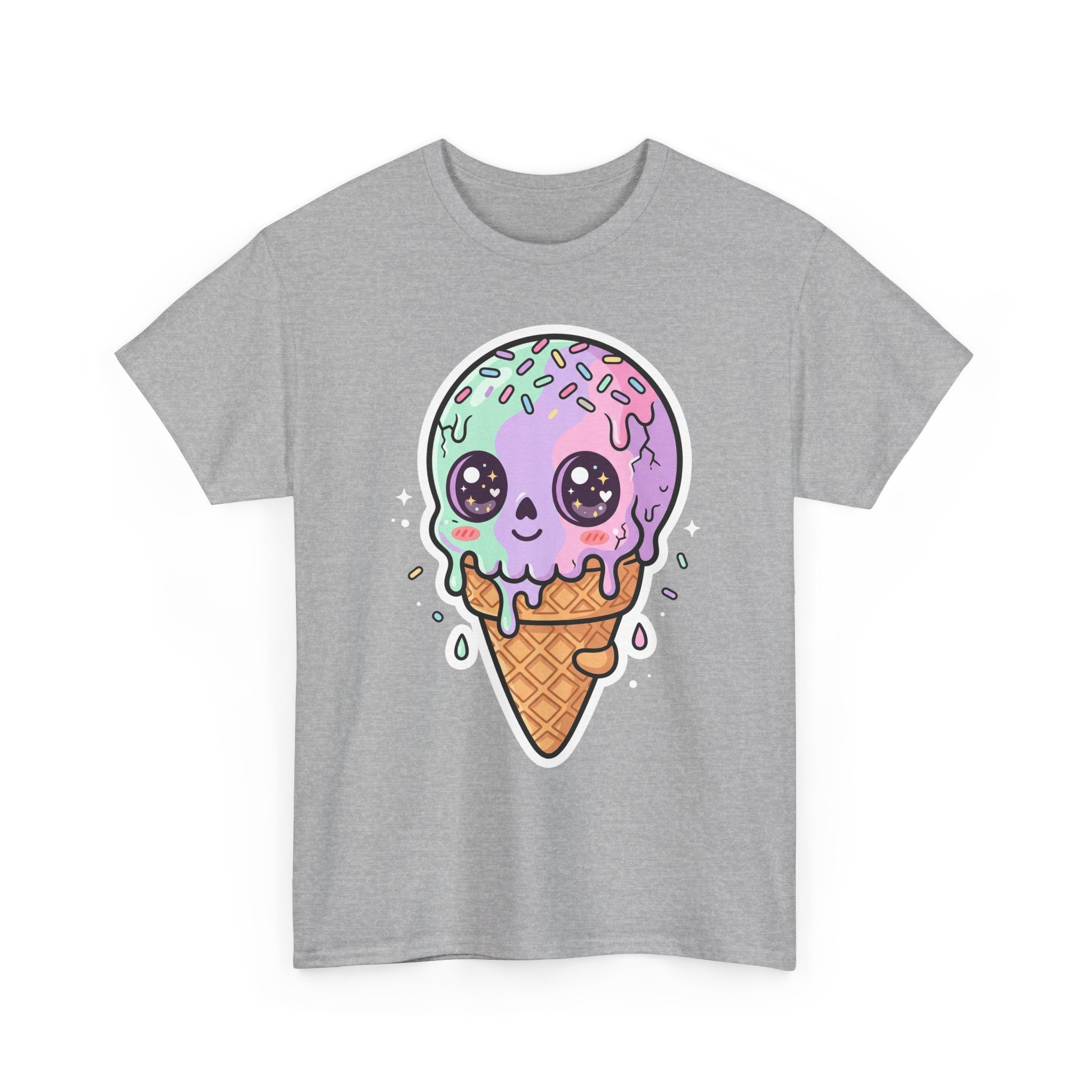 Light grey t-shirt with kawaii melting ice cream cone face graphic, front