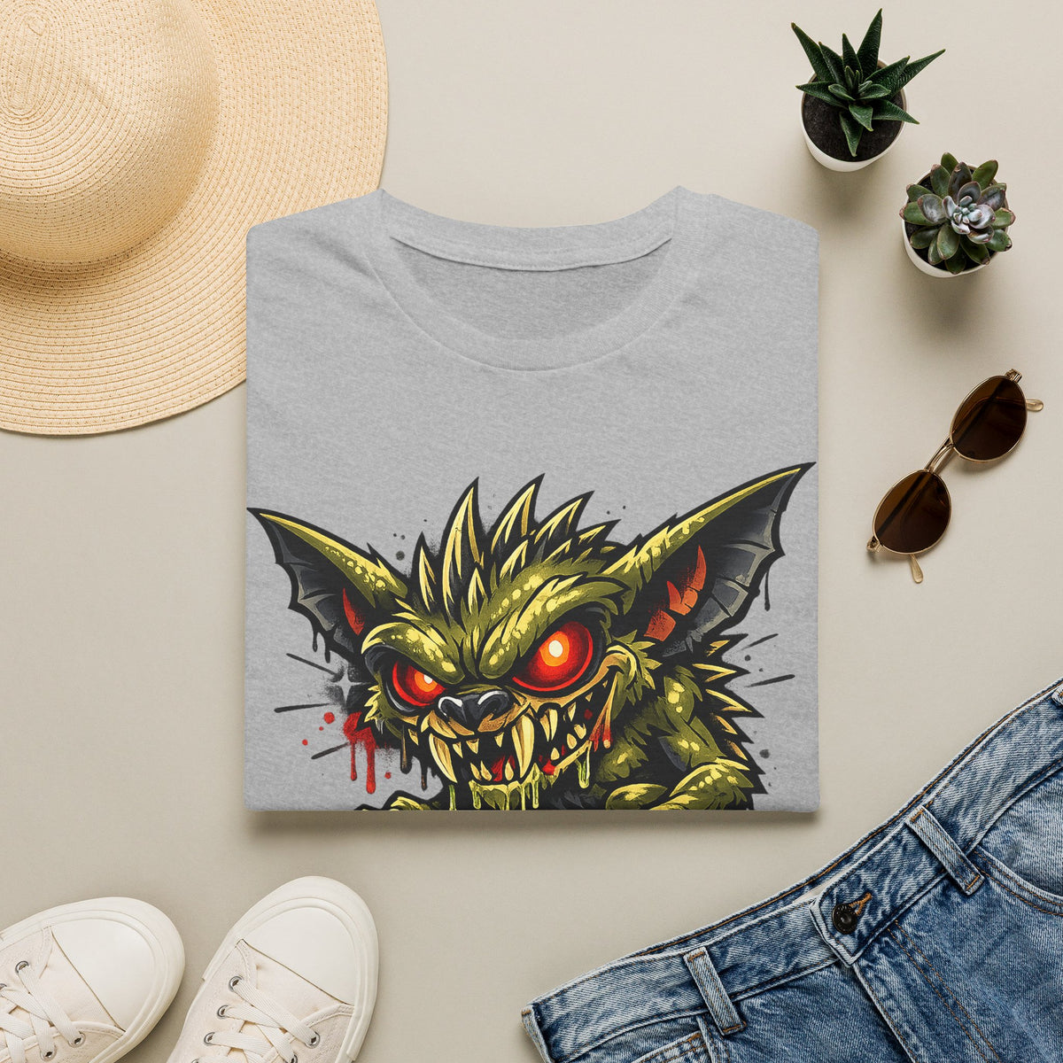 Light gray unisex crewneck T-shirt, snarling skull graphic with red glowing eyes