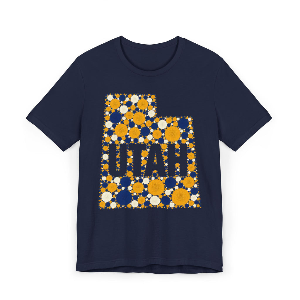 Navy crewneck T-shirt with multicolor polka-dot Utah map graphic