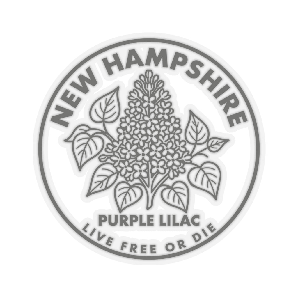 Round vinyl sticker with New Hampshire ring text and purple lilac flower design