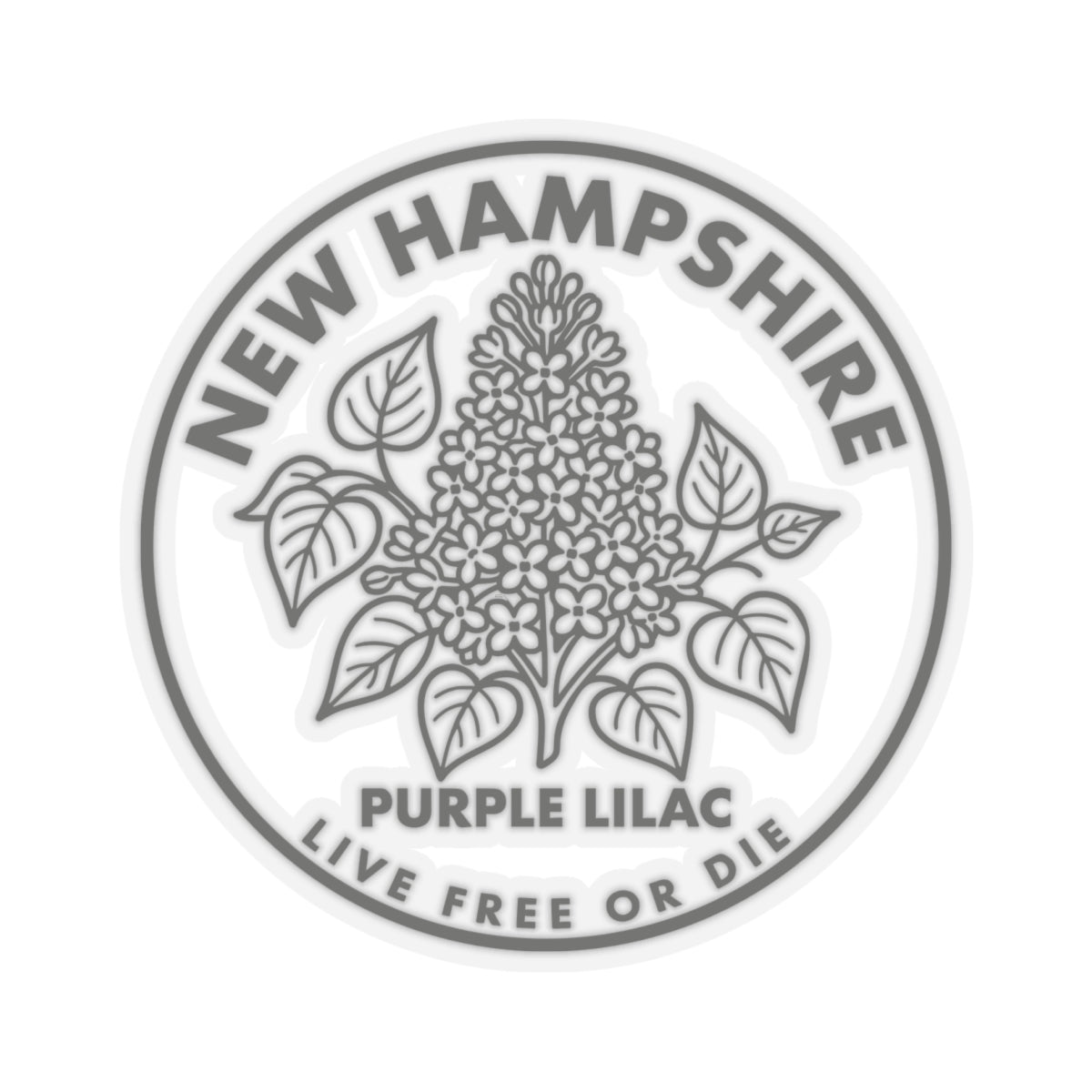 Round vinyl sticker with New Hampshire ring text and purple lilac flower design