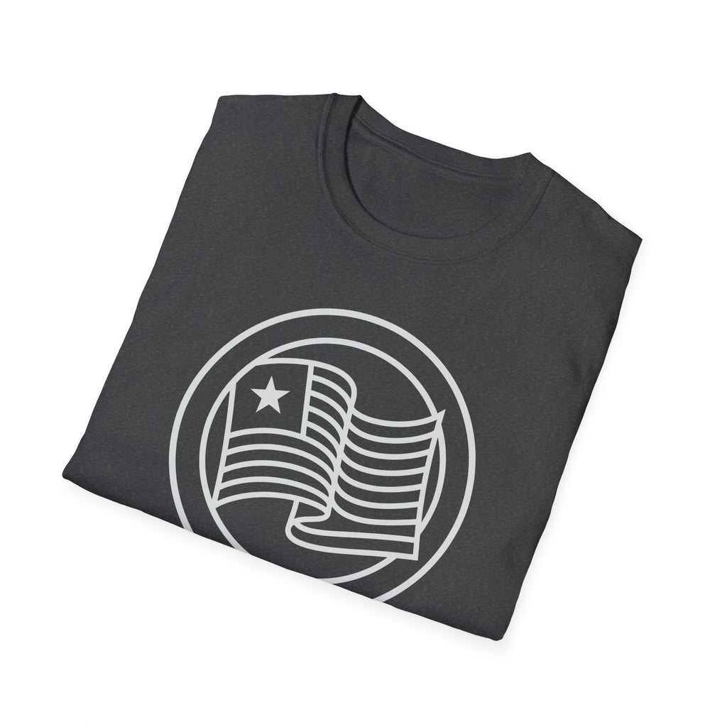 Dark gray heather T-shirt with white circular flag emblem graphic