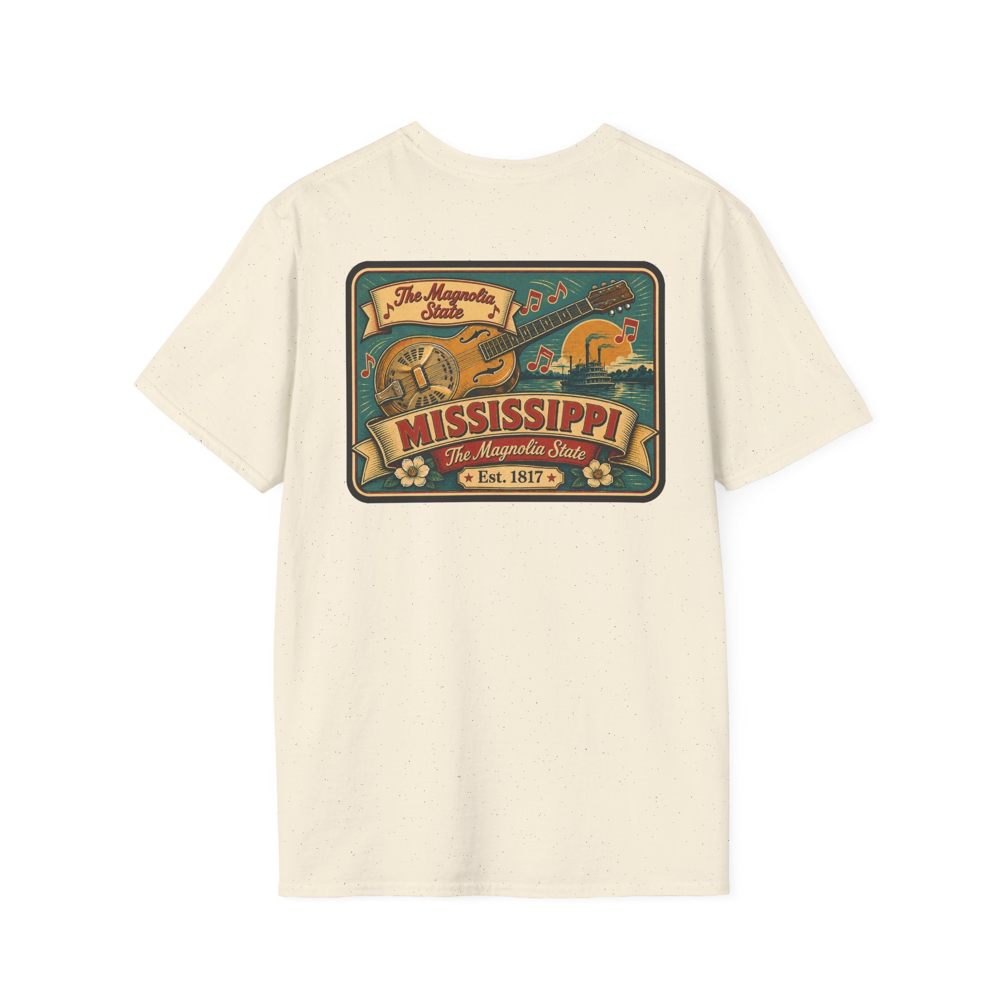 Light cream Mississippi Riverboat T-shirt with colorful Mississippi front graphic