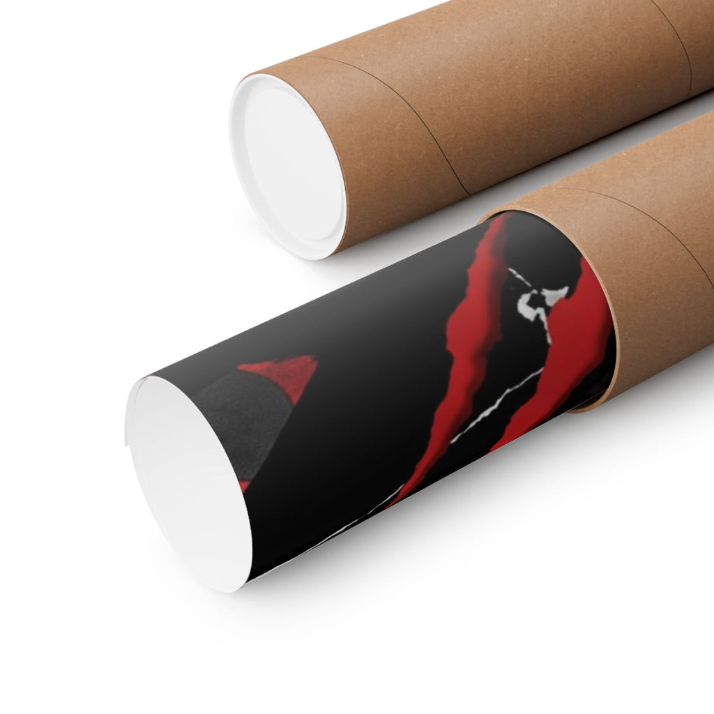 Rolled matte poster tube edge showing tiger design with red accents