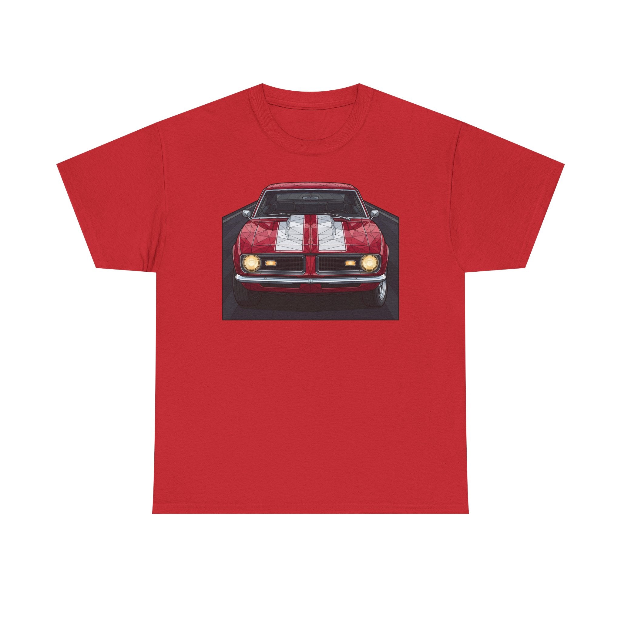 Red vintage muscle car graphic T-shirt with front view red car illustration