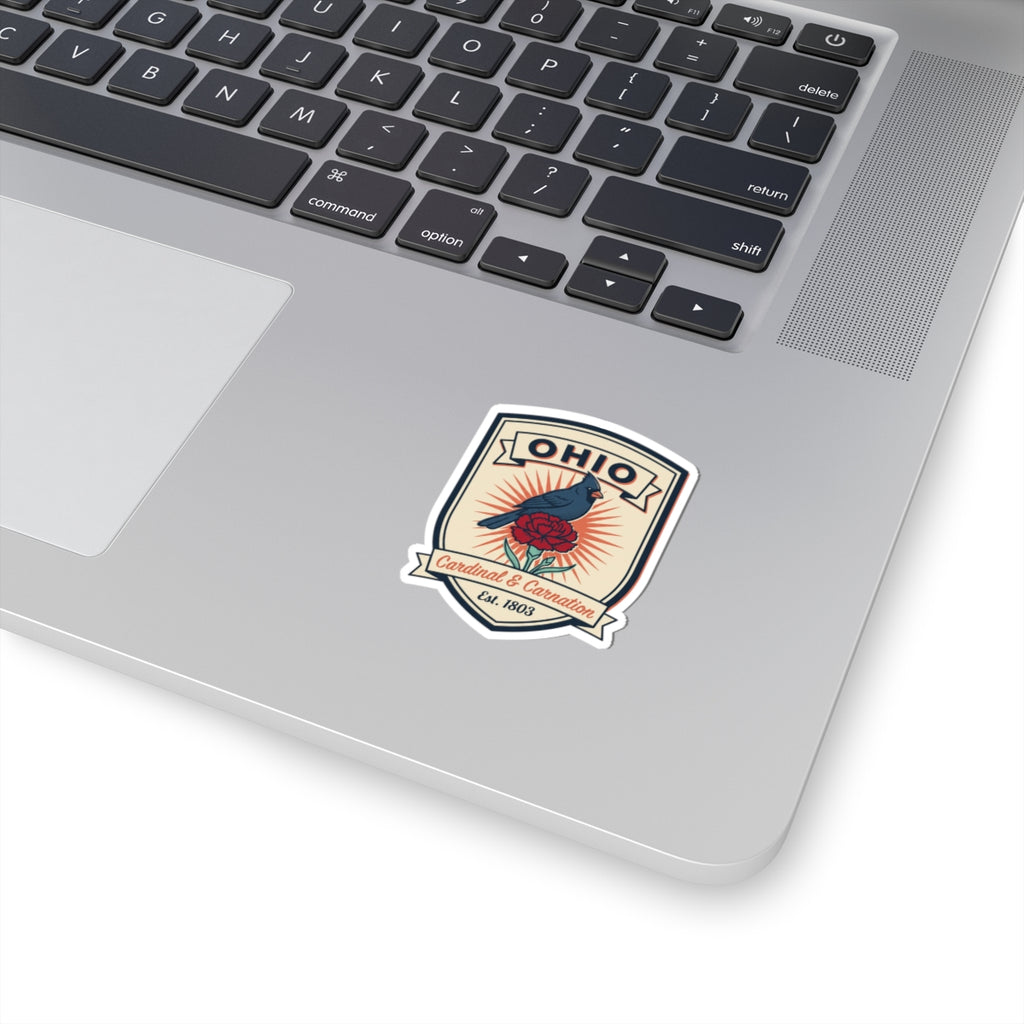 Ohio vintage state badge sticker decal with red cardinal and floral detail on laptop