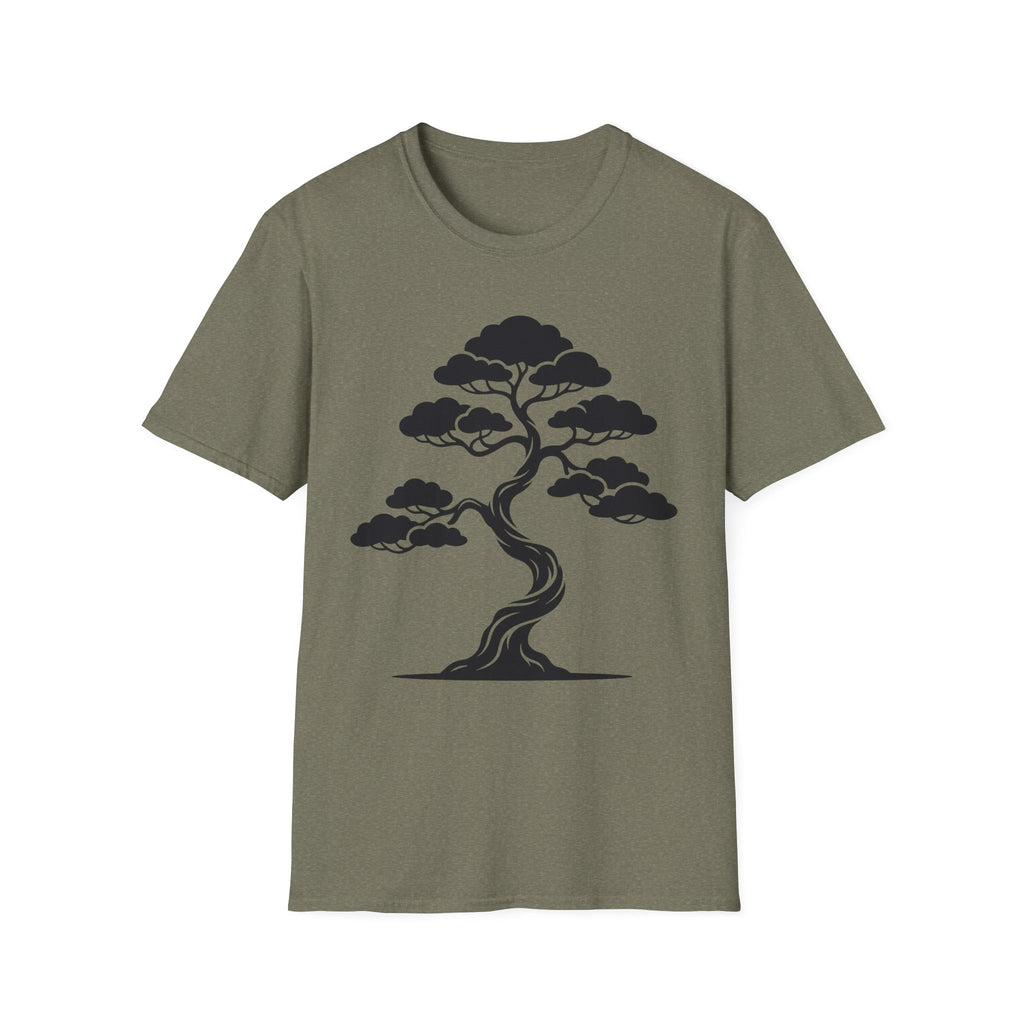 Bonsai tree T-shirt in olive green with black tree graphic
