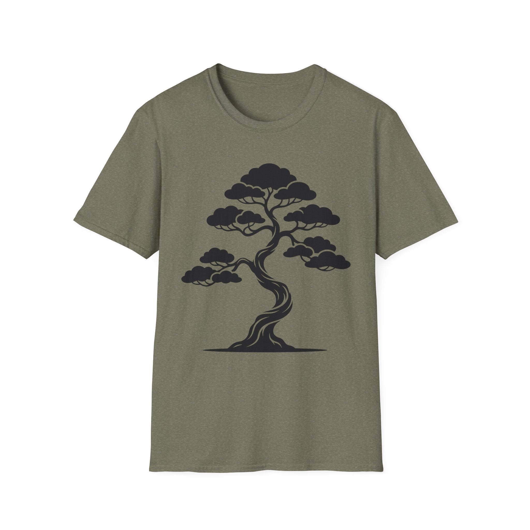 Bonsai tree T-shirt in olive green with black tree graphic