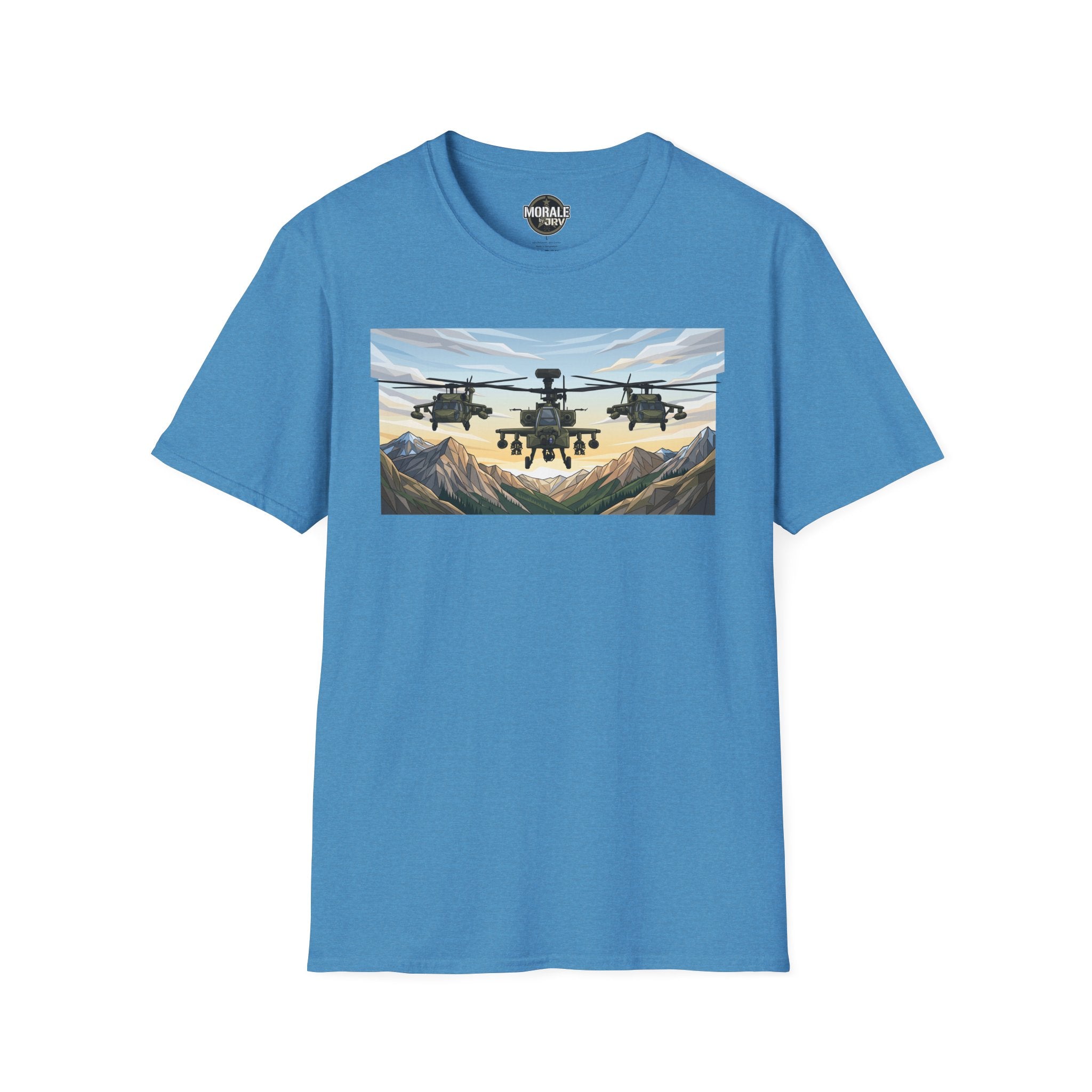 Heather Galapagos Blue T-shirt featuring helicopter scene above mountain valley
