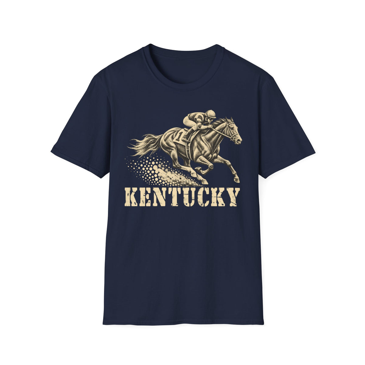 Navy t-shirt with jockey on galloping racehorse and 'KENTUCKY' graphic print