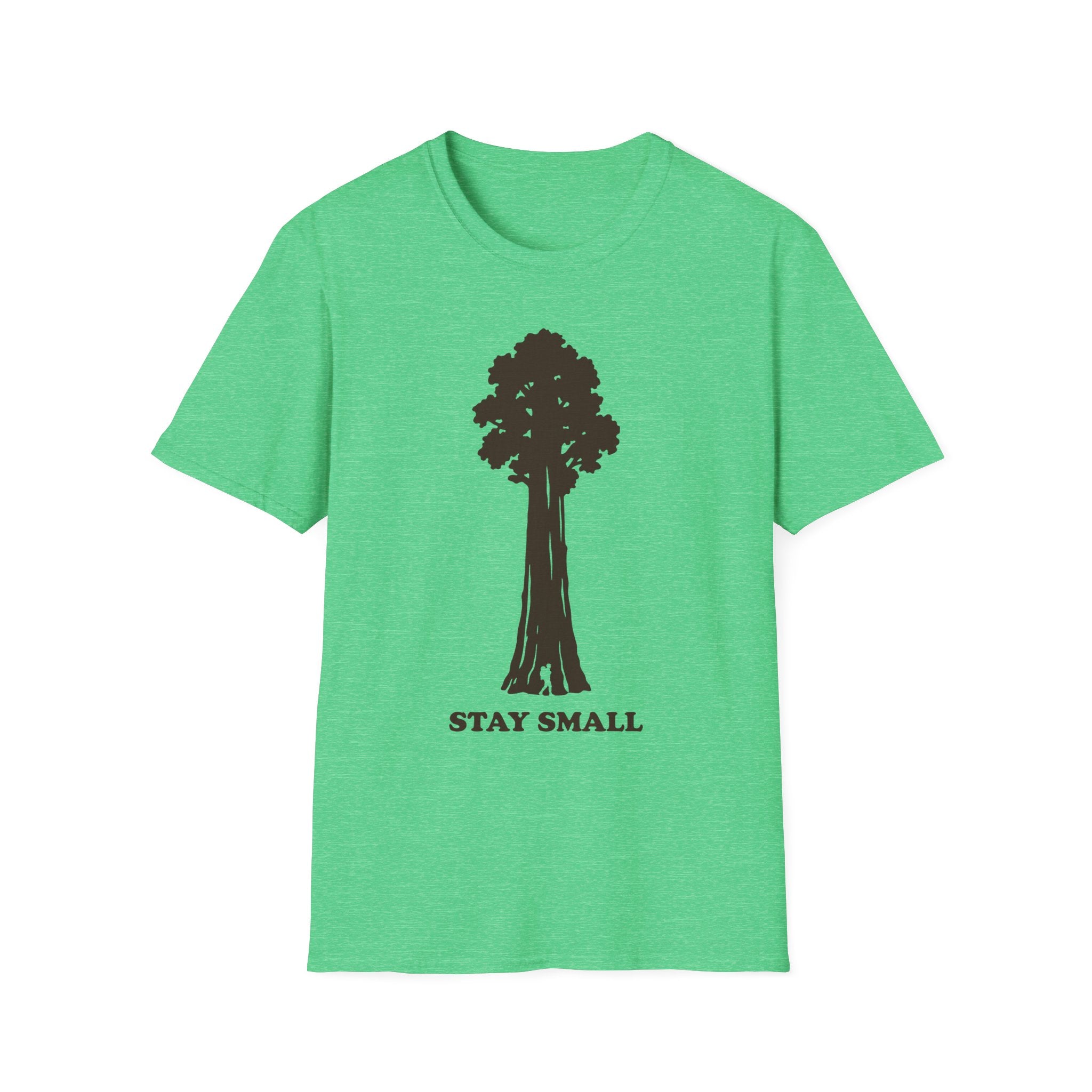 Stay Small T-Shirt, bright green with Sequoia tree graphic and 'STAY SMALL' text
