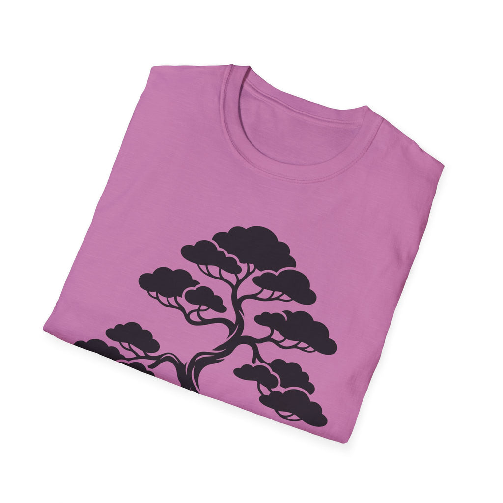 Pink t-shirt with bonsai tree graphic print in dark ink across the front