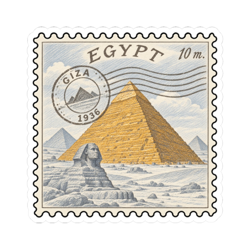 Square Egypt postage stamp decal sticker showing pyramids, sphinx, and scalloped border