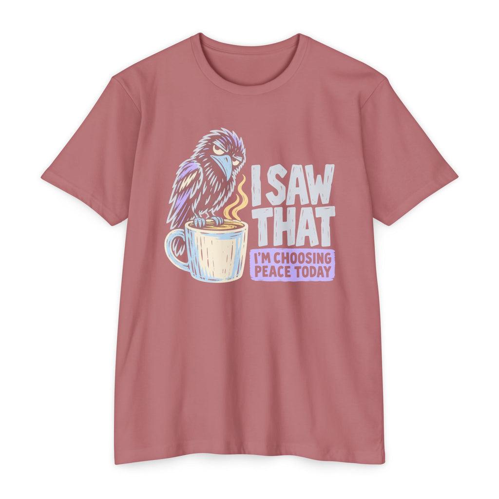 Rose pink t-shirt with raven holding coffee mug graphic and peace quote, crew neck
