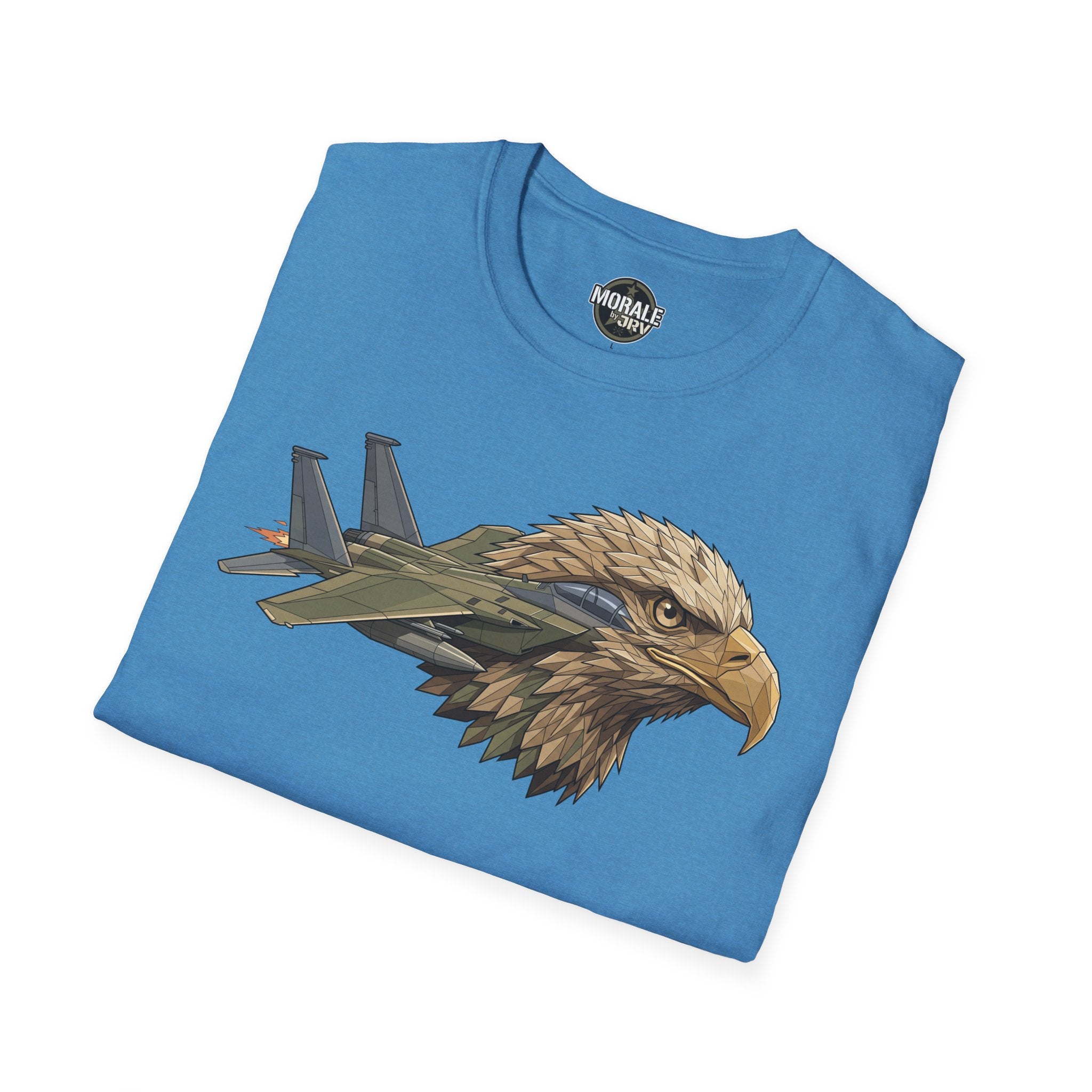 Light blue T-shirt front graphic: eagle head with fighter jets, crew neck