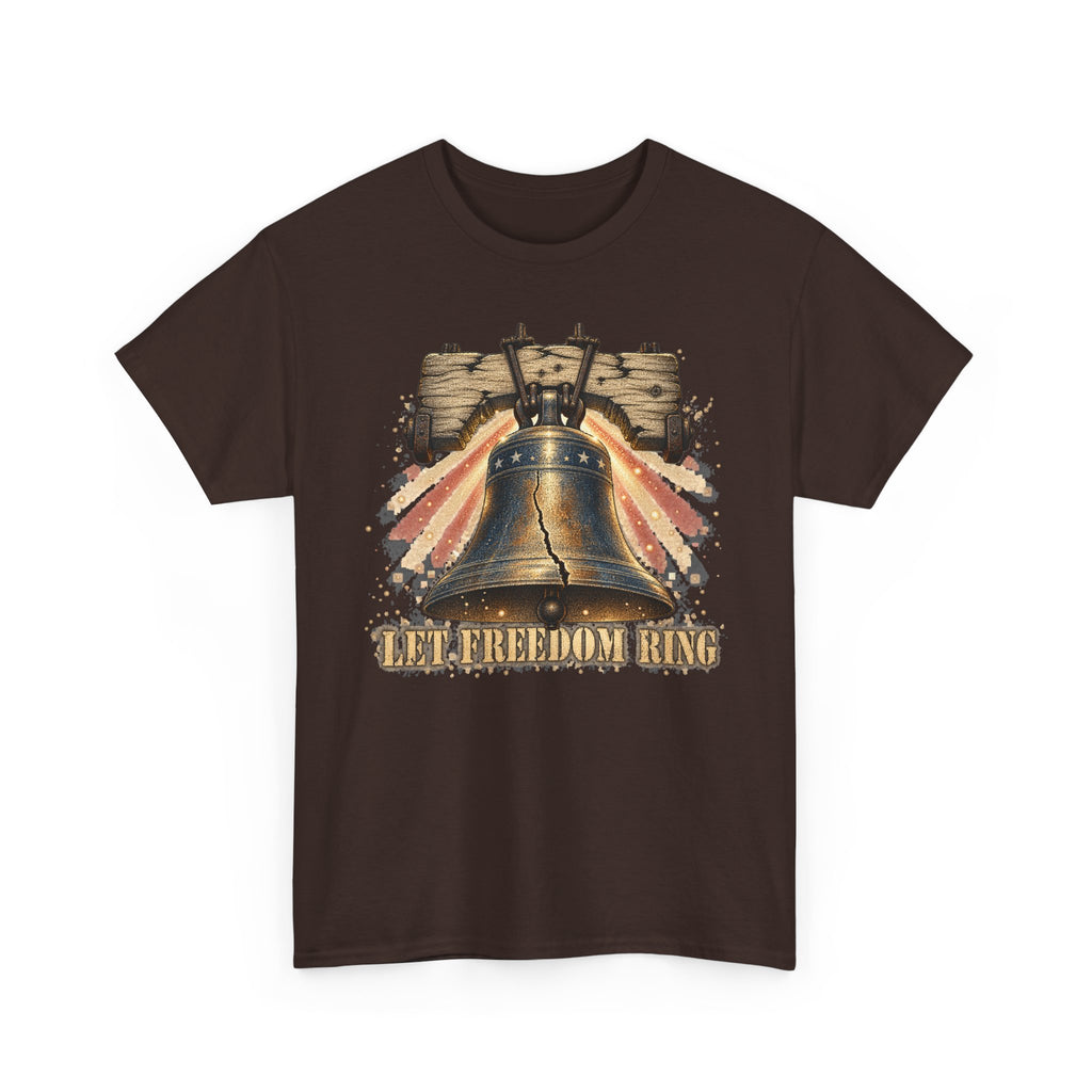 Dark chocolate liberty bell graphic T-shirt with vintage "LET FREEDOM RING" print