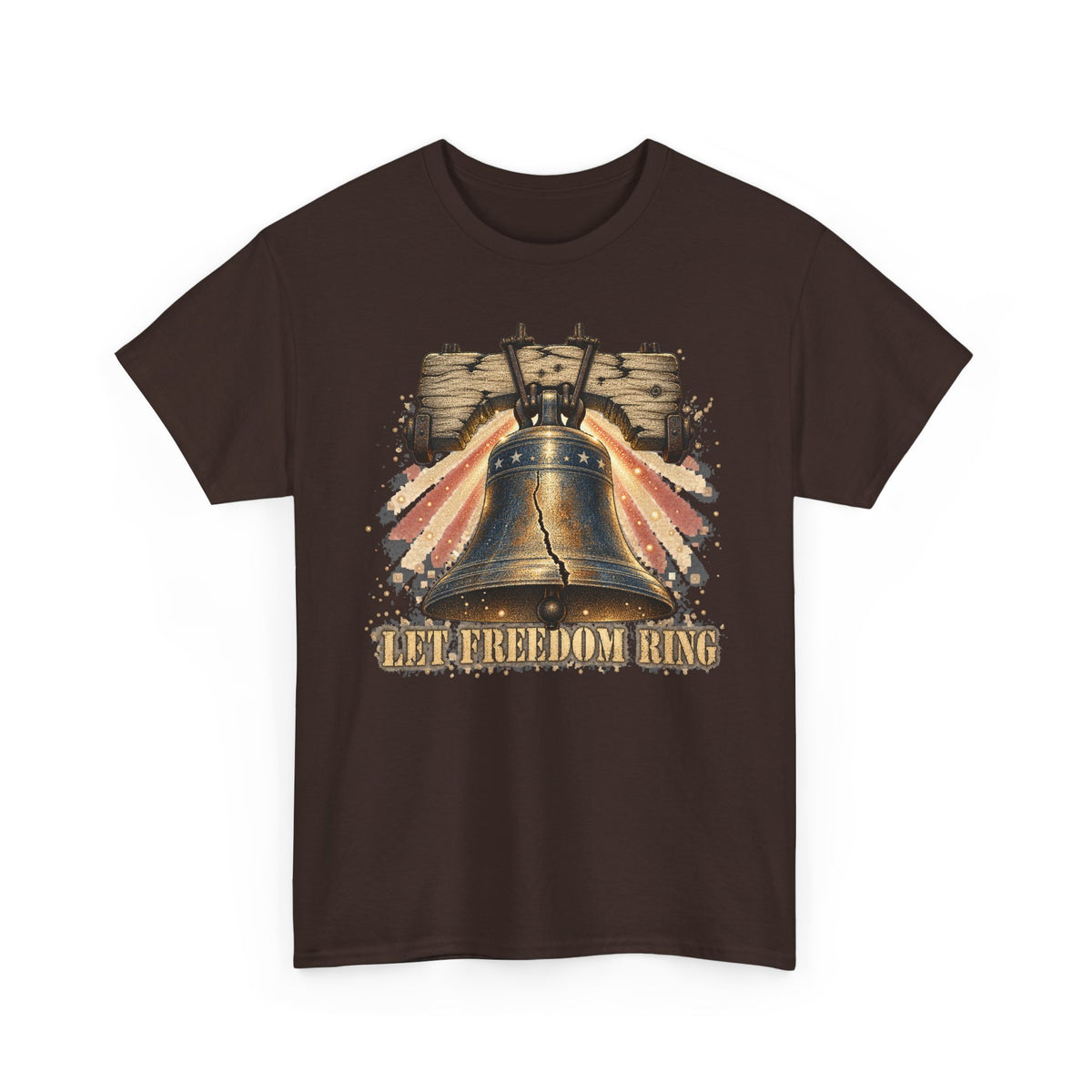 Dark chocolate liberty bell graphic T-shirt with vintage "LET FREEDOM RING" print