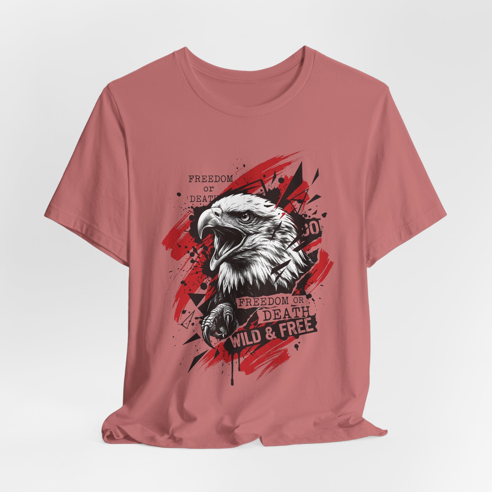 Dusty rose crewneck t-shirt with centered eagle graphic and red splashes