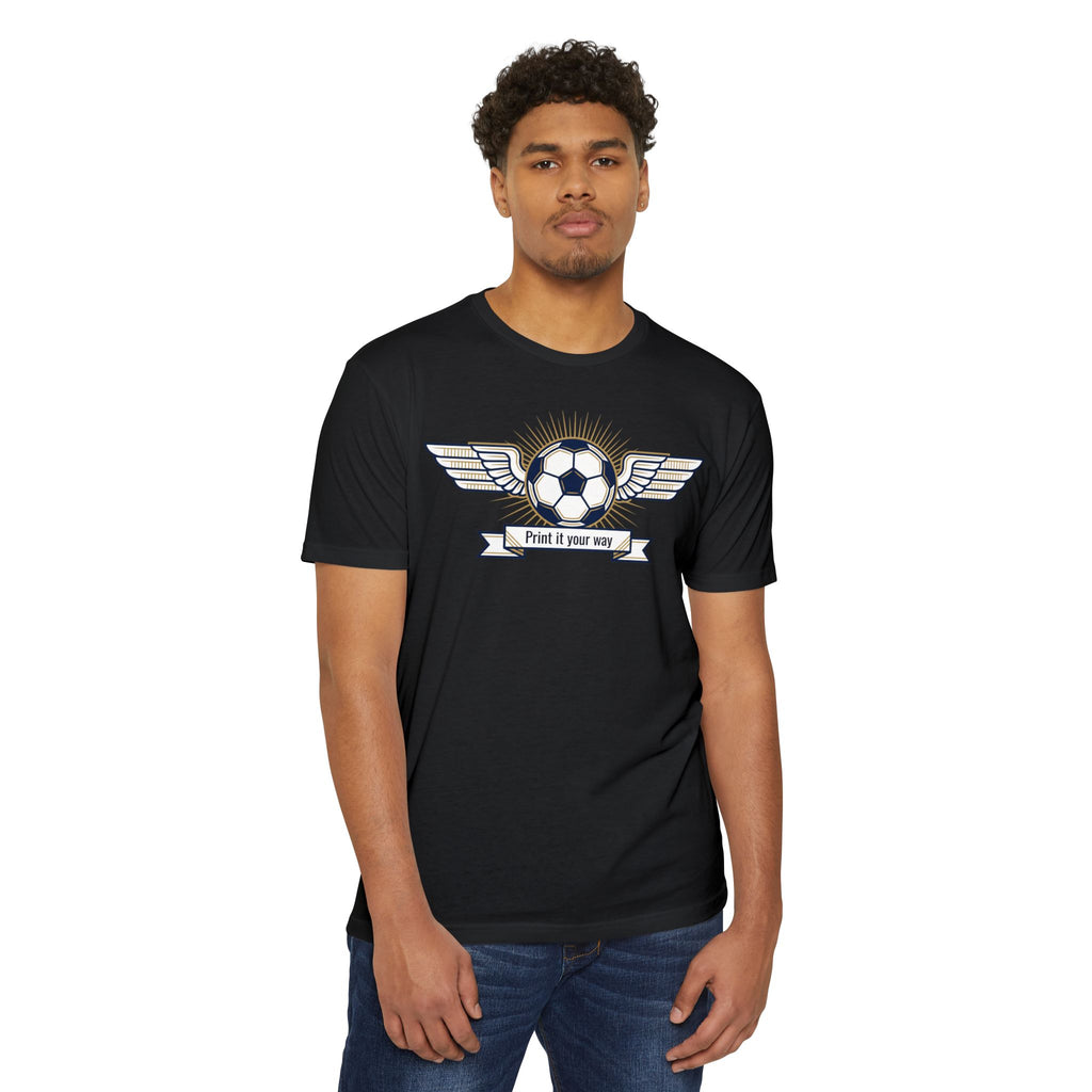 Black soccer T-shirt with winged soccer emblem graphic across chest.